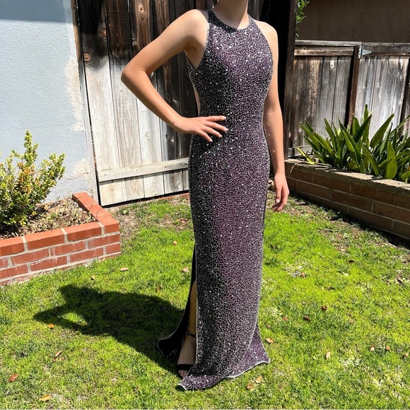 VTG 90s Romy Scala 100% Silk Beaded Formal Backless Maxi Dress Plum Purple Med - Picture 3 of 17